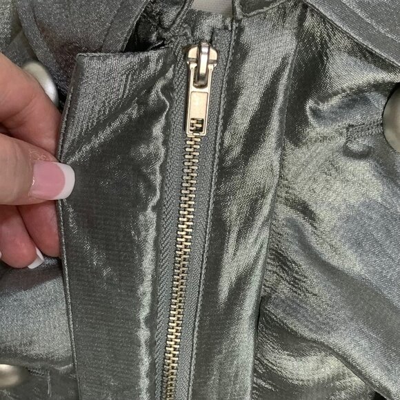 Fun Metallic Silver Luciano Dante Jacket L Ruffle Button Details Y2K Festival - Picture 3 of 8